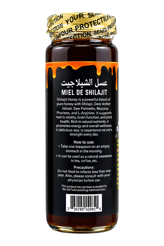 Pure Remedies Shilajit Honey 16 oz jar, back label with directions