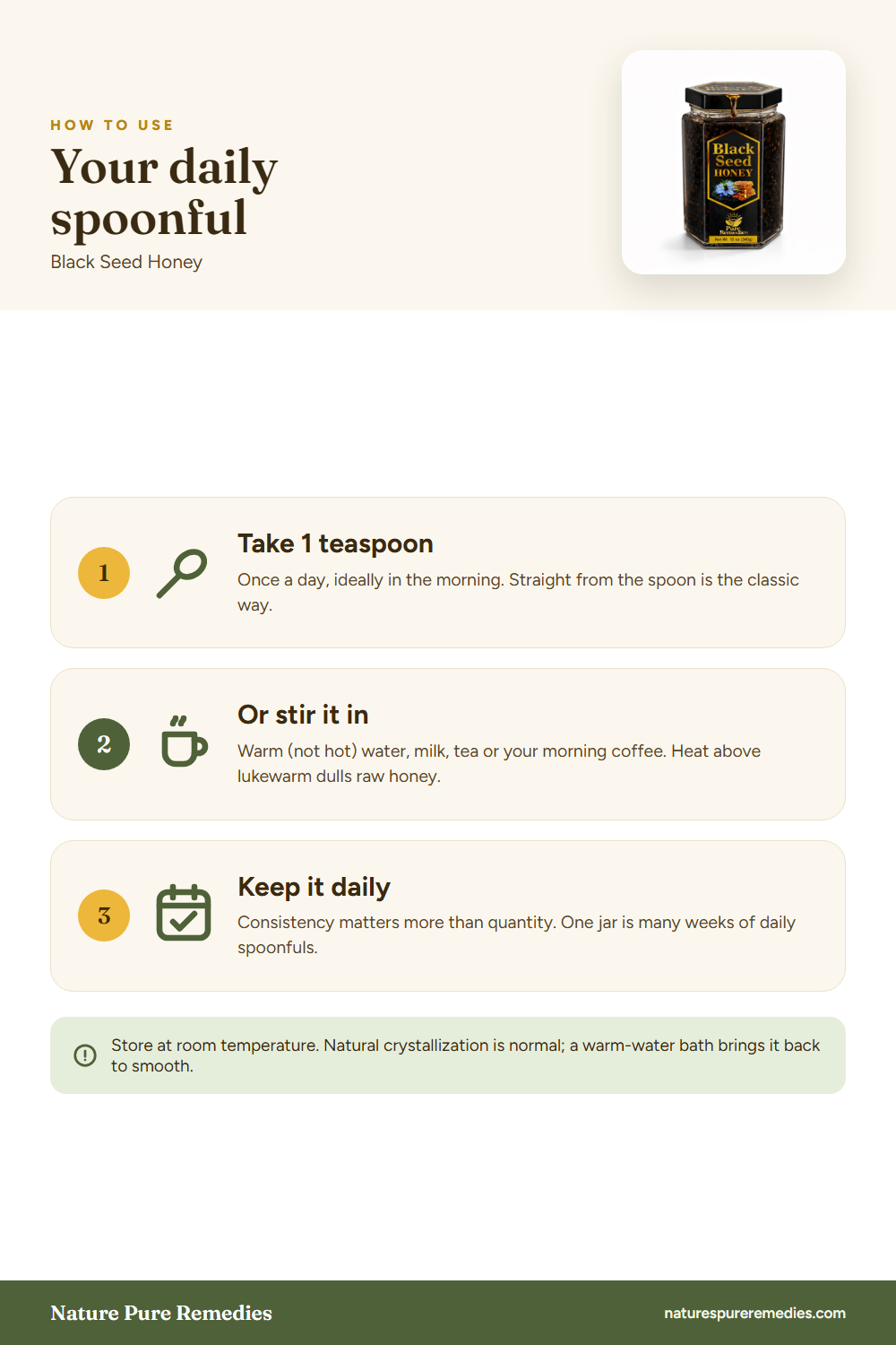 Black Seed Honey - how to use: daily serving, stir-in ideas and storage
