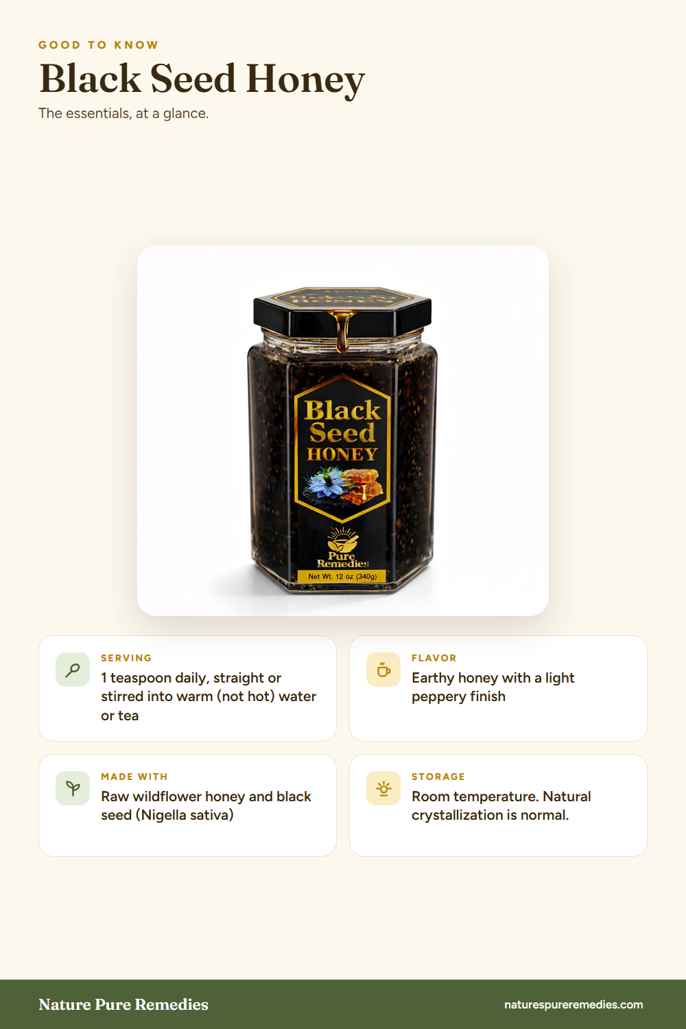Black Seed Honey - quick facts: size, serving, flavor and storage