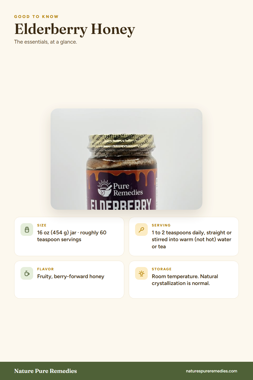 Elderberry Honey - quick facts: size, serving, flavor and storage