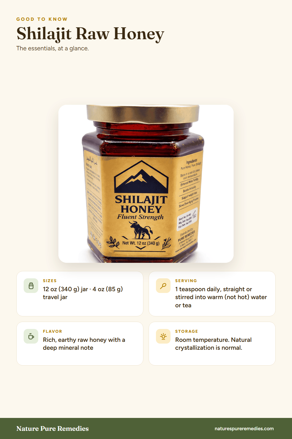 Shilajit Raw Honey - quick facts: size, serving, flavor and storage