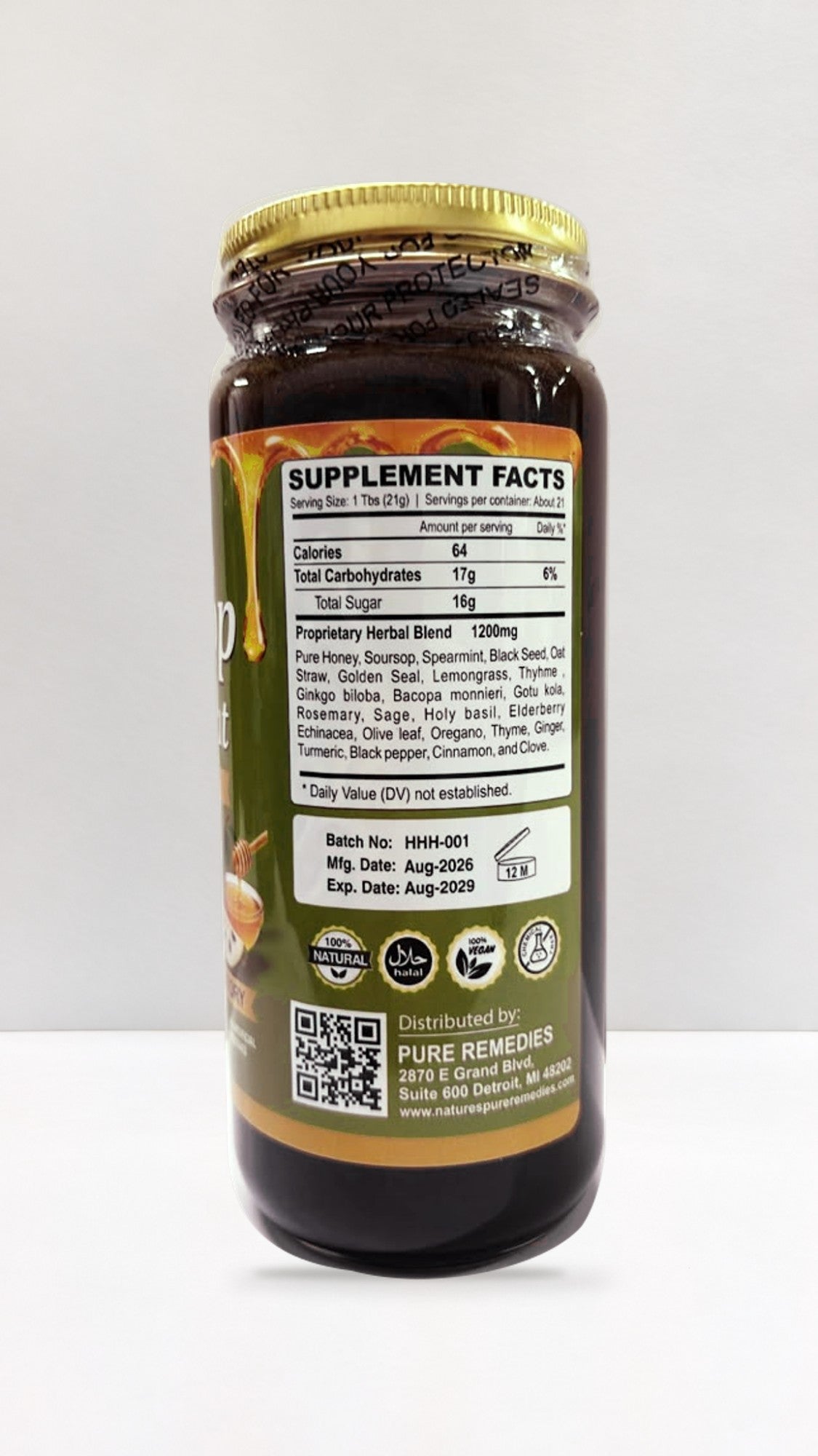 Soursop Honey with Spearmint supplement facts panel